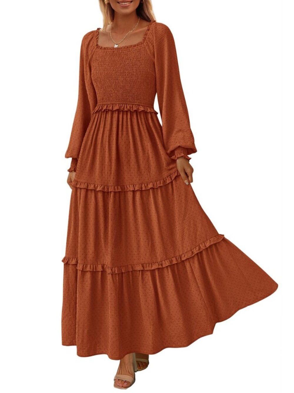 Women's Smocked Long Sleeve Maxi Dress Wedding Guest Dresses